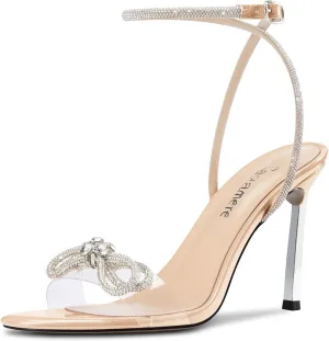 Castamere Womens Stiletto High Heel Open Toe Ankle Strap Rhinestone Crystal Bow-knot Sandals Prom Summer Clear 3.9 Inches Heels