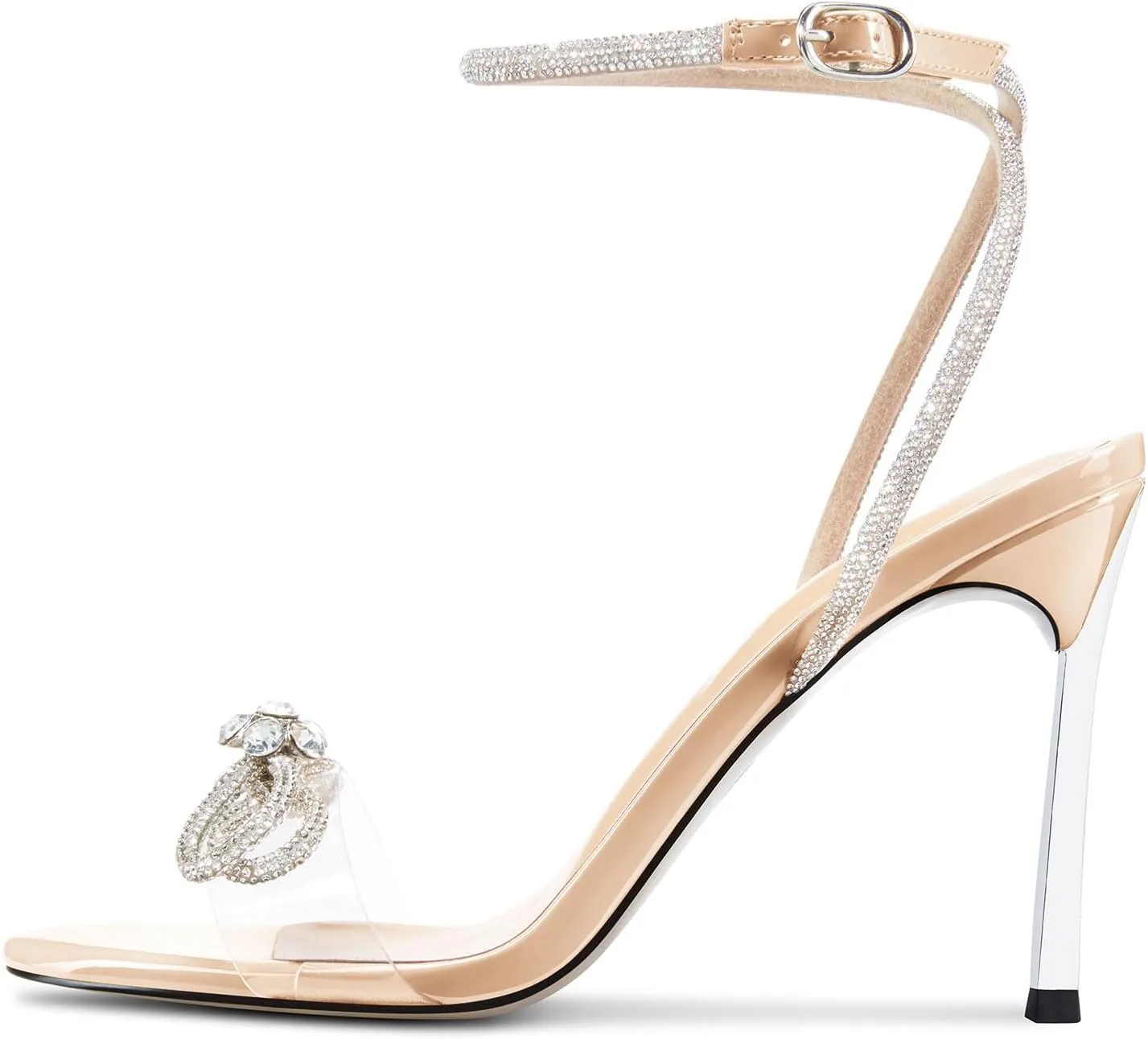 Castamere Womens Stiletto High Heel Open Toe Ankle Strap Rhinestone Crystal Bow-knot Sandals Prom Summer Clear 3.9 Inches Heels