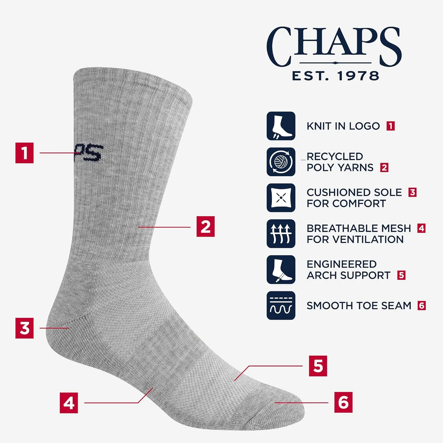 Chaps Sport Cushioned Repreve Athletic Socks-6 Pair Pack-Breathable Front Mesh and Arch Support, Men's Shoe Size: 6-12