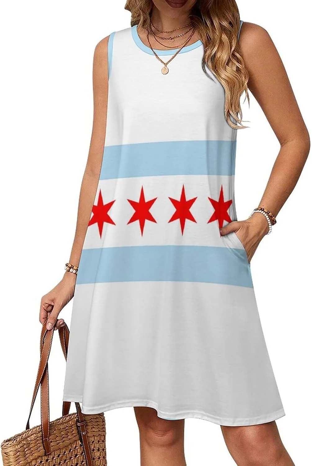 Chicago Flag Women's Summer Dress Sleeveless Casual Loose Beach Vacation Tank Sundress