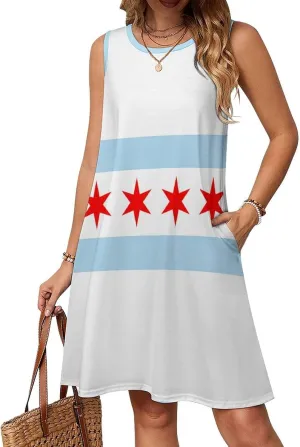 Chicago Flag Women's Summer Dress Sleeveless Casual Loose Beach Vacation Tank Sundress