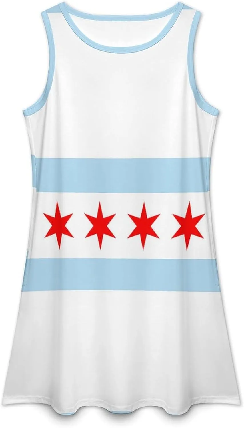 Chicago Flag Women's Summer Dress Sleeveless Casual Loose Beach Vacation Tank Sundress