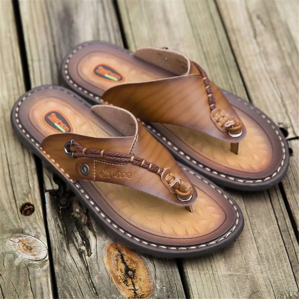 ChicWind Men's Flip Flops Thong Sandals Comfortable Leather Beach Slippers