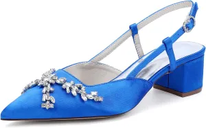 Closed Toe Satin Wedding Shoes for Bride Block Heel Ankle Strap Slip-on Sandals Rhinestones Slingback Heels Pumps for Women