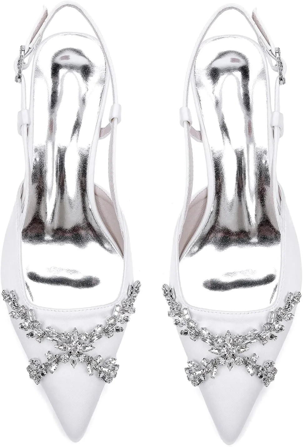 Closed Toe Satin Wedding Shoes for Bride Block Heel Ankle Strap Slip-on Sandals Rhinestones Slingback Heels Pumps for Women