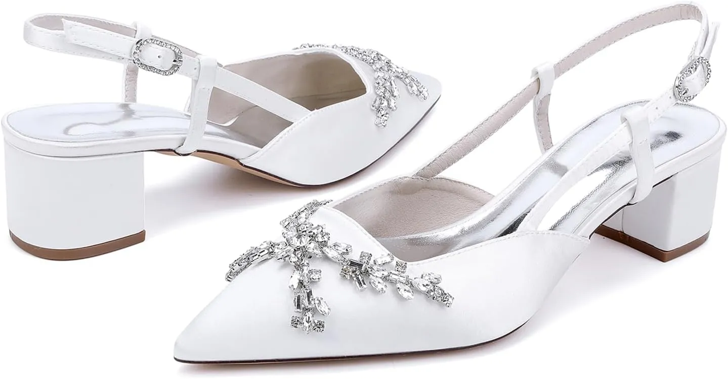 Closed Toe Satin Wedding Shoes for Bride Block Heel Ankle Strap Slip-on Sandals Rhinestones Slingback Heels Pumps for Women