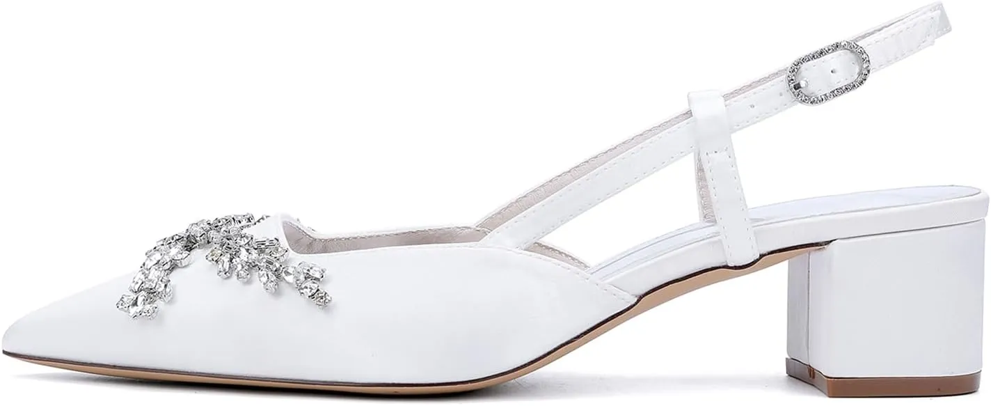 Closed Toe Satin Wedding Shoes for Bride Block Heel Ankle Strap Slip-on Sandals Rhinestones Slingback Heels Pumps for Women