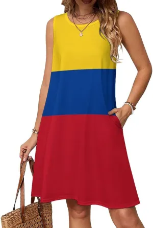 Colombian Flag Women's Summer Dress Sleeveless Casual Loose Beach Vacation Tank Sundress