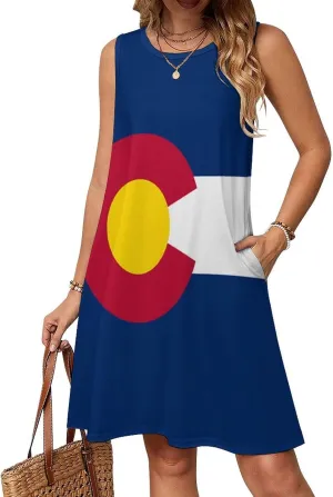 Colorado State Flag Women's Summer Dress Sleeveless Casual Loose Beach Vacation Tank Sundress