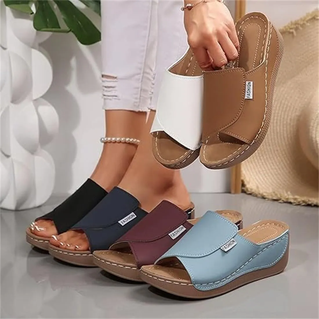 Comfortable Arch Support Slides - Women's Solid Color Sandals - Breathable, Summer Platform Wedge Sandals Walking Slides Slip on Casual Sandal
