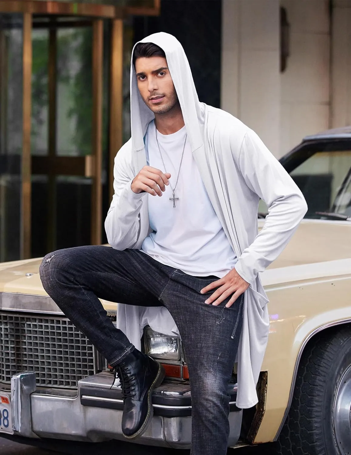 COOFANDY Men's Long Hooded Cardigan Shawl Collar Lightweight Open Front Drape Cape Overcoat with Pockets