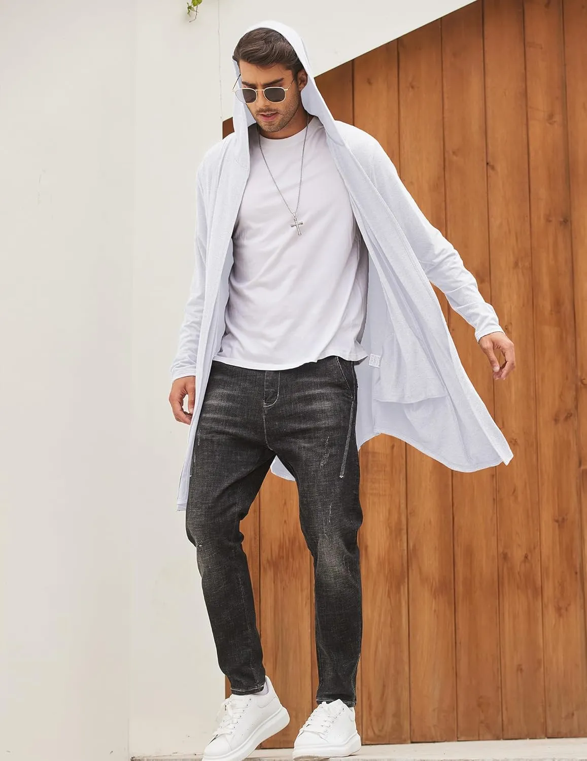 COOFANDY Men's Long Hooded Cardigan Shawl Collar Lightweight Open Front Drape Cape Overcoat with Pockets