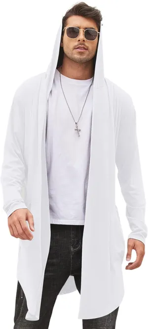 COOFANDY Men's Long Hooded Cardigan Shawl Collar Lightweight Open Front Drape Cape Overcoat with Pockets