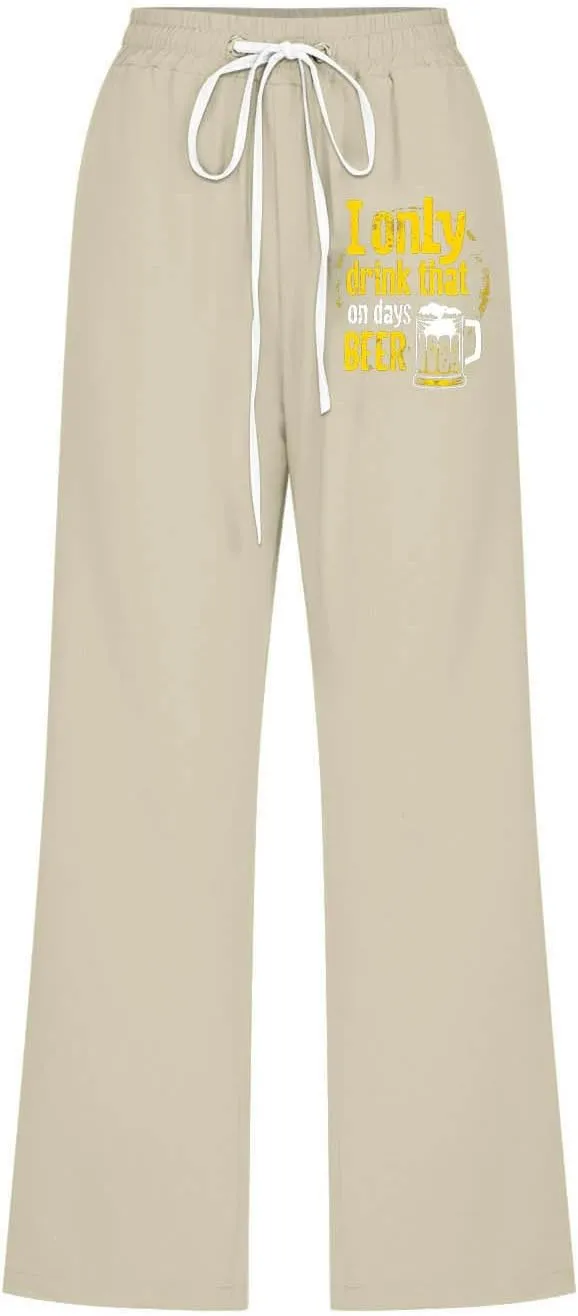 Cotton Linen Pants for Women Casual Summer Capris Drawstring High Waist Pant Cute Print Wide Leg Trousers with Pocket