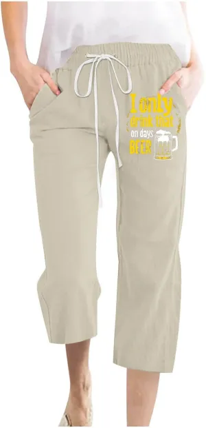 Cotton Linen Pants for Women Casual Summer Capris Drawstring High Waist Pant Cute Print Wide Leg Trousers with Pocket