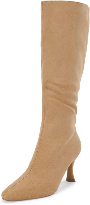 Coutgo Womens Knee High Boots Pointed Toe Kitten Heel Side Zipper Stretchy Vegan Suede Comfort Fall Winter Boot