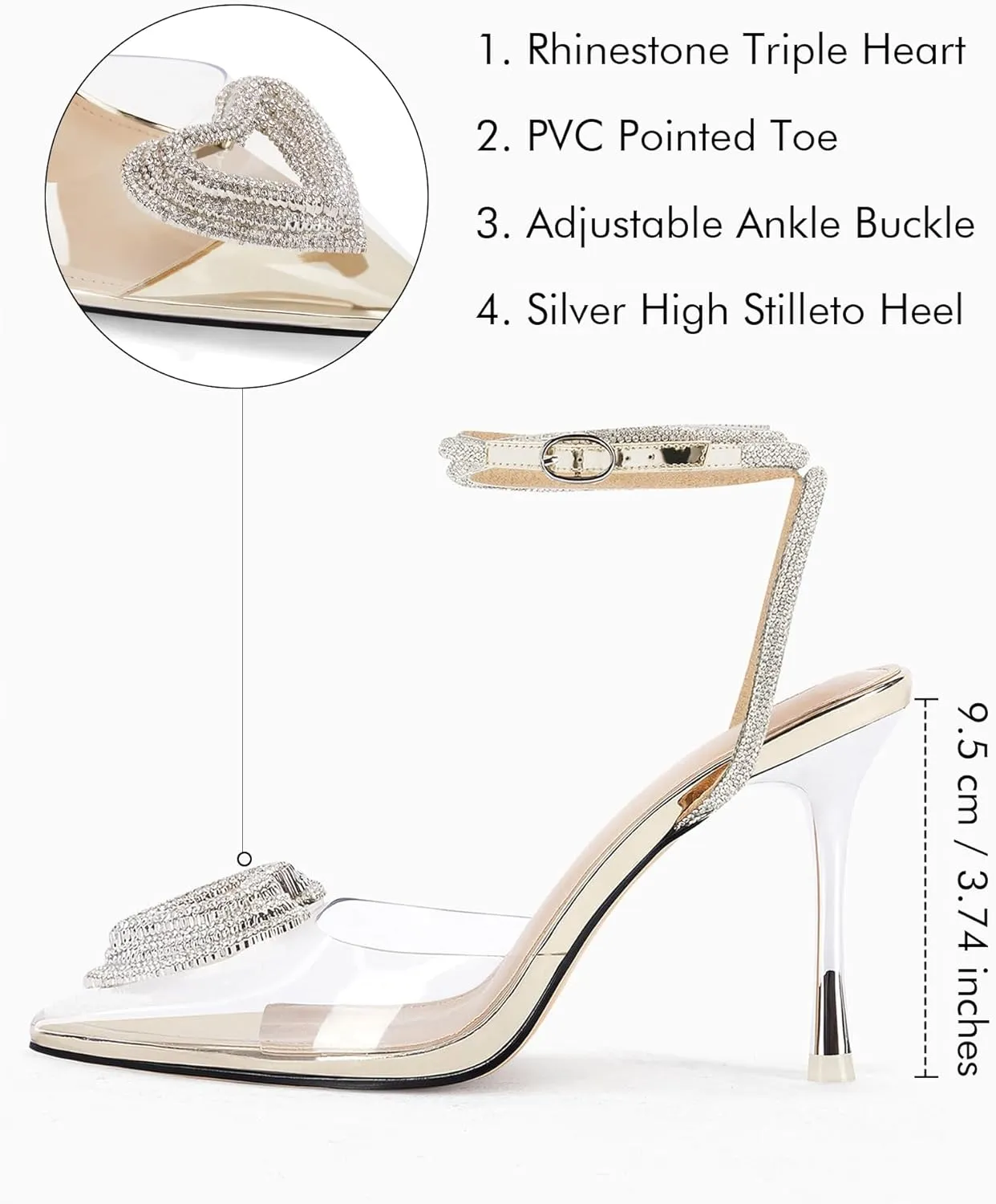 Coutgo Womens Rhinestone High Heels Clear Pointed Closed Toe Strappy Ankle Strap Slingback Bridal Pumps