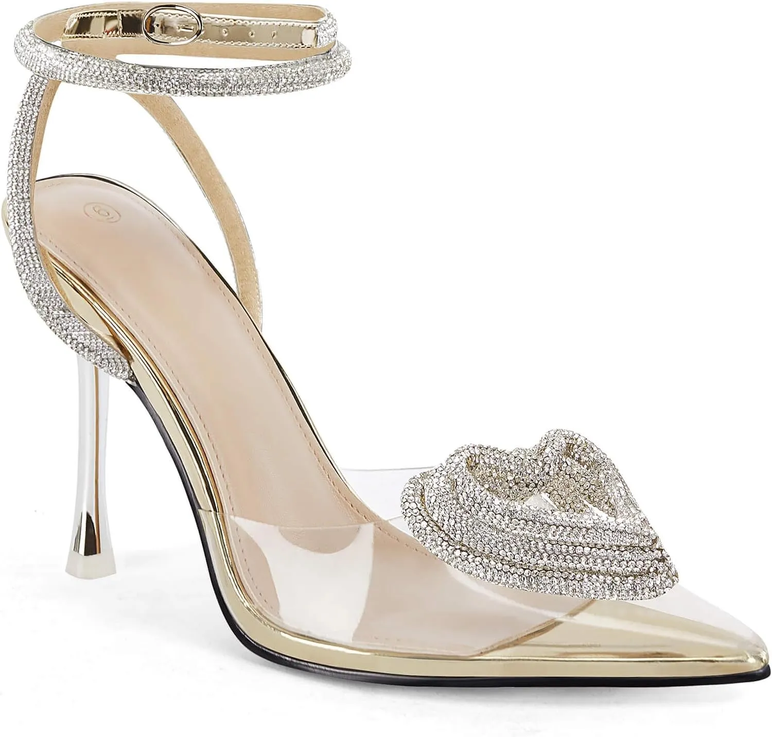 Coutgo Womens Rhinestone High Heels Clear Pointed Closed Toe Strappy Ankle Strap Slingback Bridal Pumps