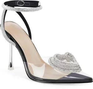 Coutgo Womens Rhinestone High Heels Clear Pointed Closed Toe Strappy Ankle Strap Slingback Bridal Pumps