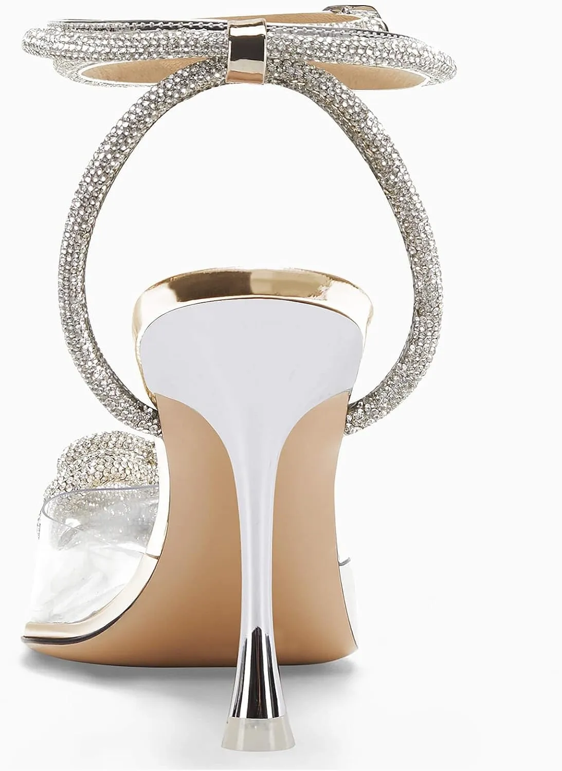 Coutgo Womens Rhinestone High Heels Clear Pointed Closed Toe Strappy Ankle Strap Slingback Bridal Pumps