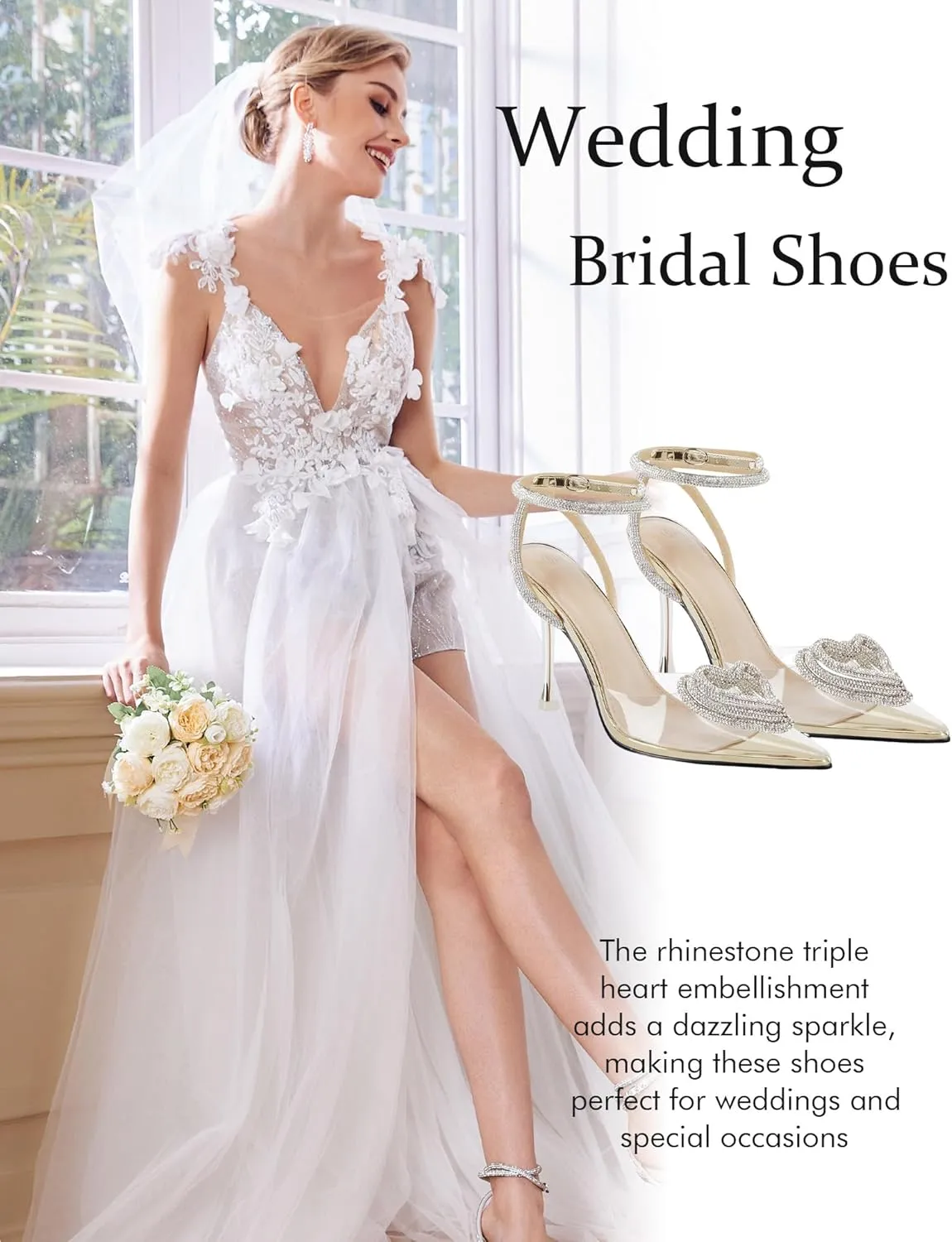 Coutgo Womens Rhinestone High Heels Clear Pointed Closed Toe Strappy Ankle Strap Slingback Bridal Pumps