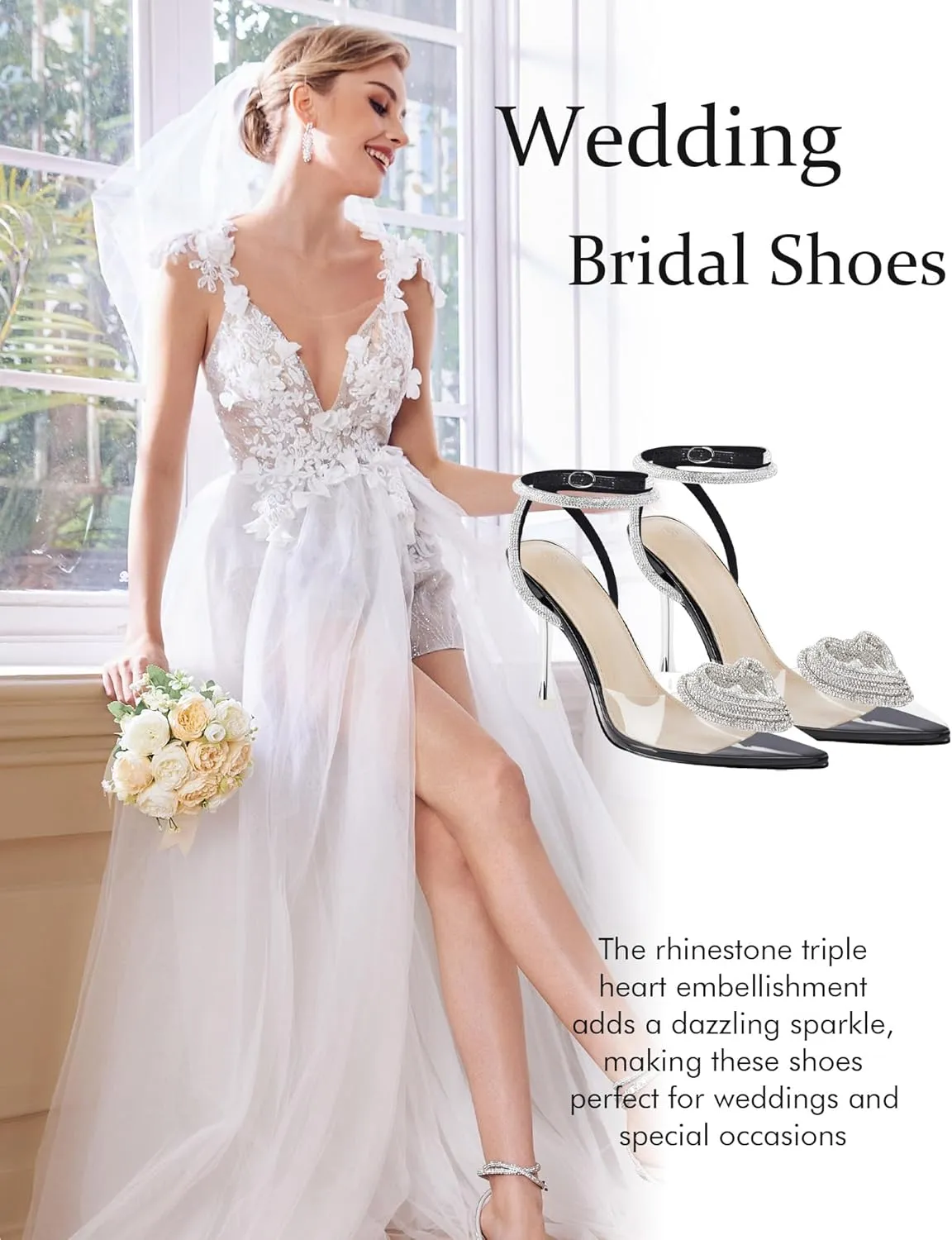 Coutgo Womens Rhinestone High Heels Clear Pointed Closed Toe Strappy Ankle Strap Slingback Bridal Pumps