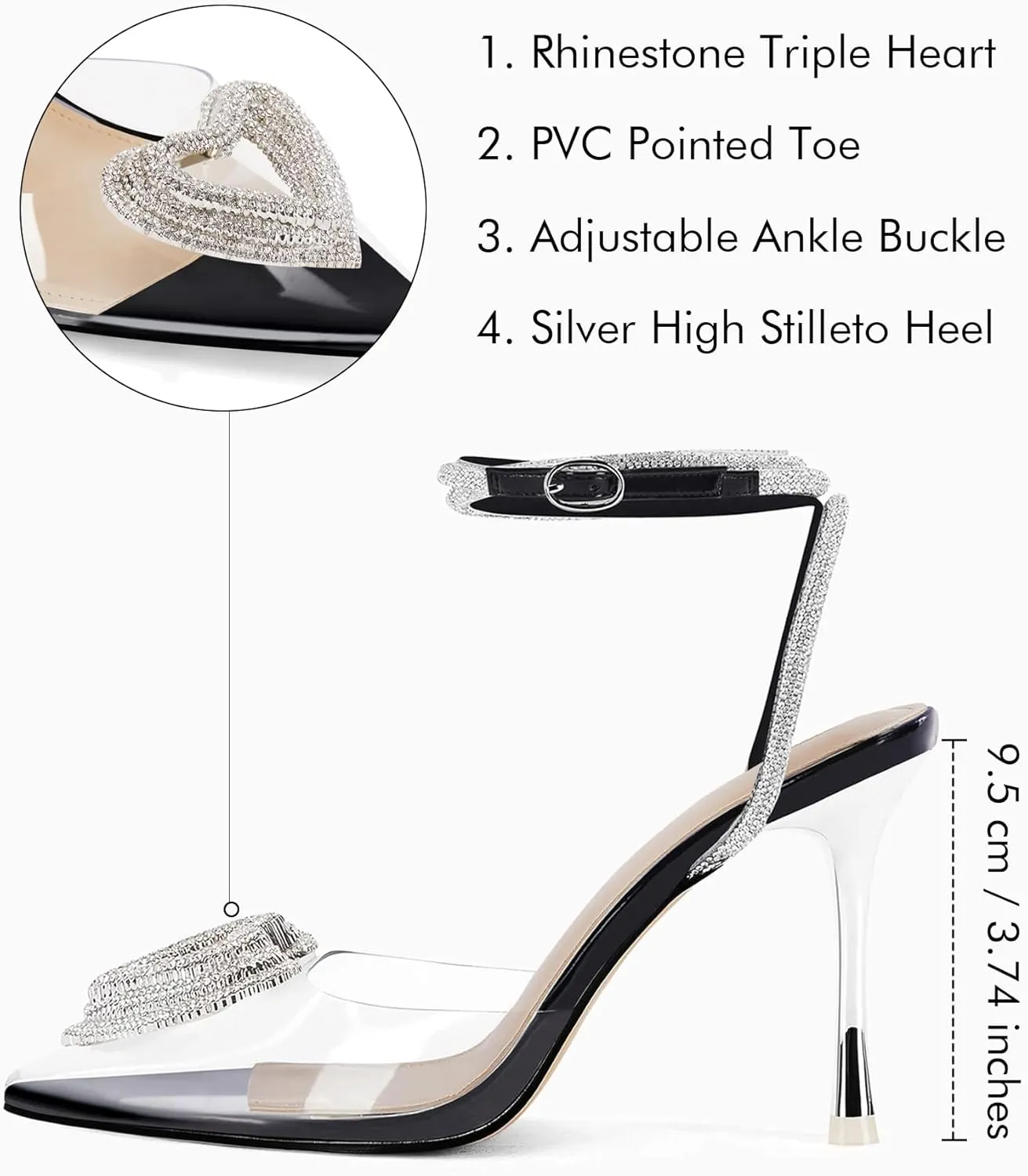 Coutgo Womens Rhinestone High Heels Clear Pointed Closed Toe Strappy Ankle Strap Slingback Bridal Pumps