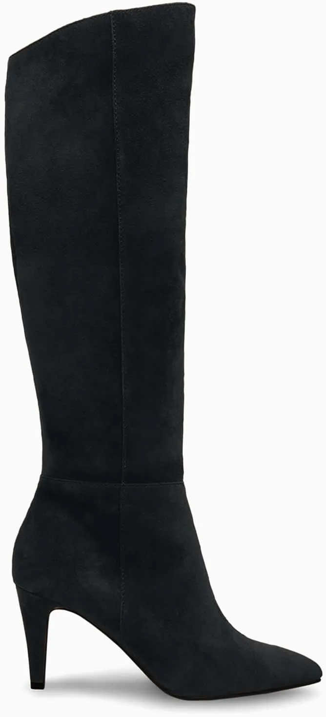 Coutgo Womens Wide Calf Knee High Boots Stiletto High Heel Pointed Toe Side Zipper Suede Long Boots Winter Shoes