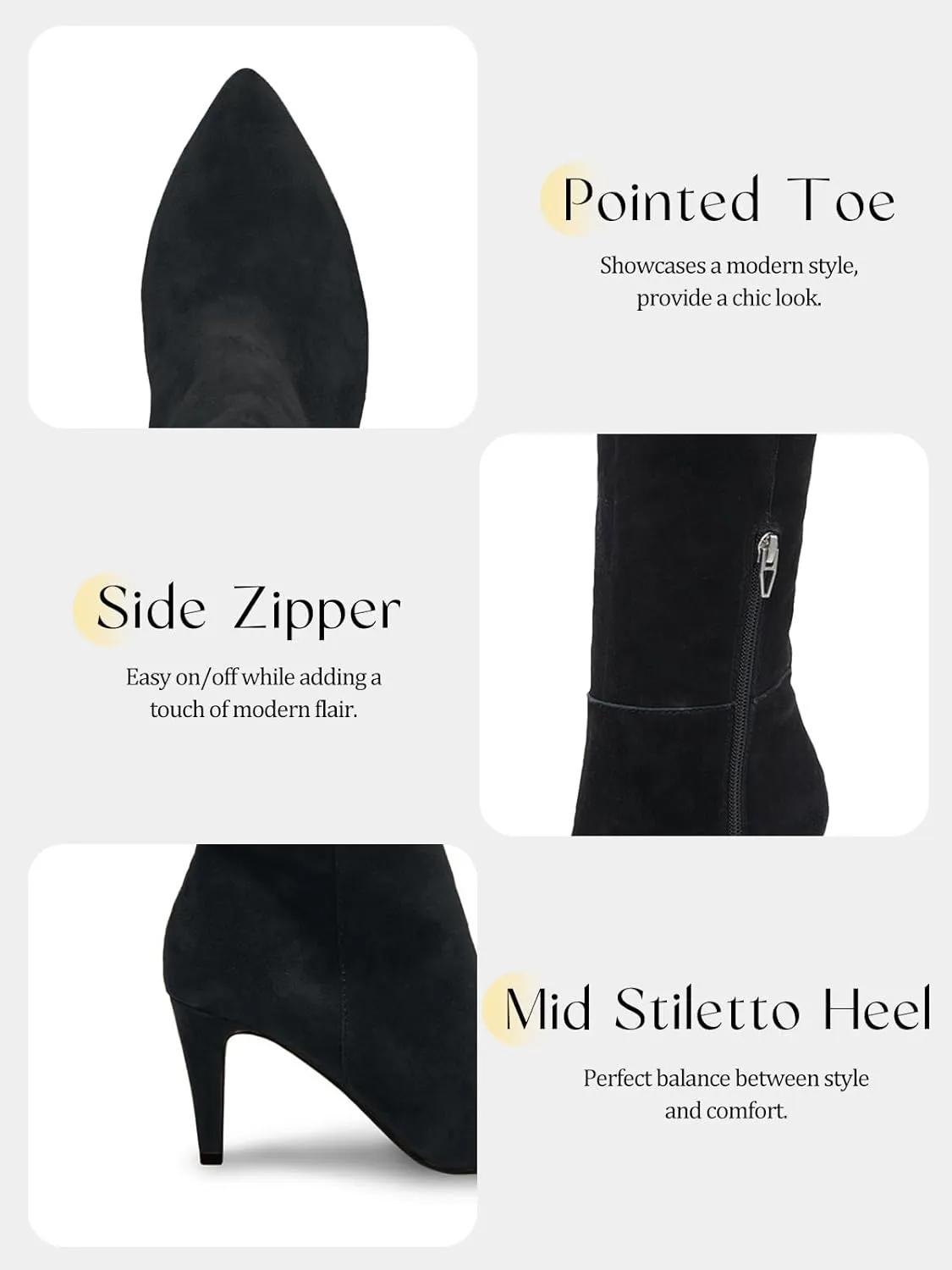 Coutgo Womens Wide Calf Knee High Boots Stiletto High Heel Pointed Toe Side Zipper Suede Long Boots Winter Shoes