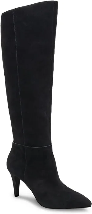 Coutgo Womens Wide Calf Knee High Boots Stiletto High Heel Pointed Toe Side Zipper Suede Long Boots Winter Shoes