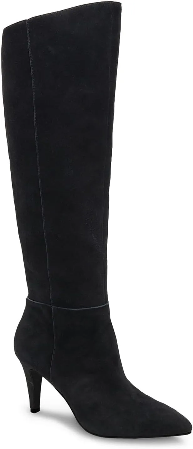 Coutgo Womens Wide Calf Knee High Boots Stiletto High Heel Pointed Toe Side Zipper Suede Long Boots Winter Shoes