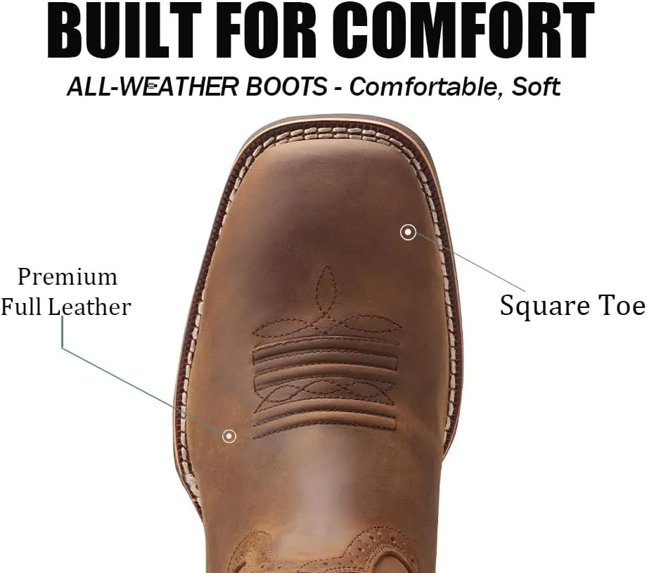 Cowboy Boots For Men - Mens Sport Wide Square Toe Western Boot,Oil/Slip Resistant,Durable Fashionable Classic Pull on 10 Inch Wellington Boots - Leather