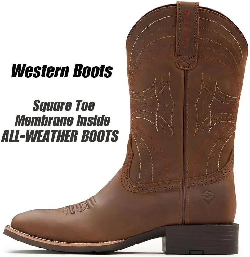 Cowboy Boots For Men - Mens Sport Wide Square Toe Western Boot,Oil/Slip Resistant,Durable Fashionable Classic Pull on 10 Inch Wellington Boots - Leather