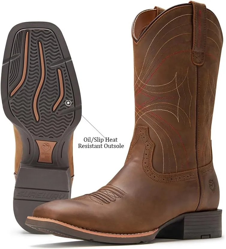 Cowboy Boots For Men - Mens Sport Wide Square Toe Western Boot,Oil/Slip Resistant,Durable Fashionable Classic Pull on 10 Inch Wellington Boots - Leather