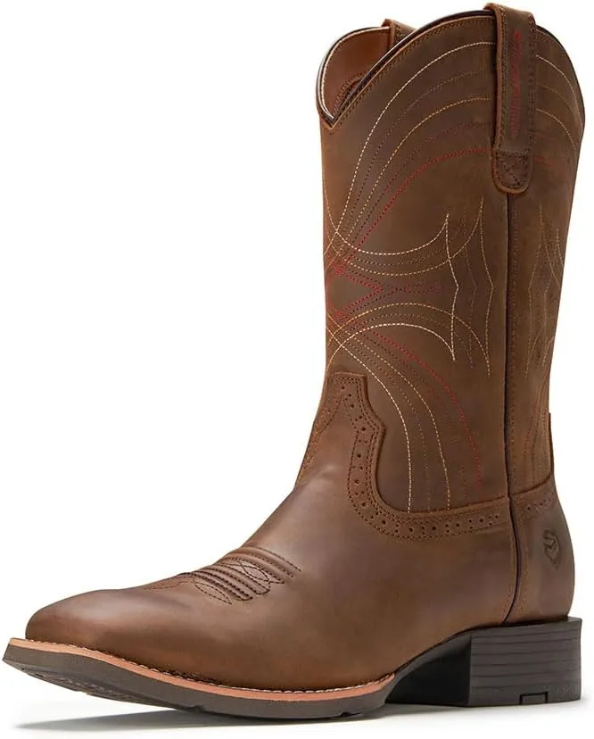 Cowboy Boots For Men - Mens Sport Wide Square Toe Western Boot,Oil/Slip Resistant,Durable Fashionable Classic Pull on 10 Inch Wellington Boots - Leather