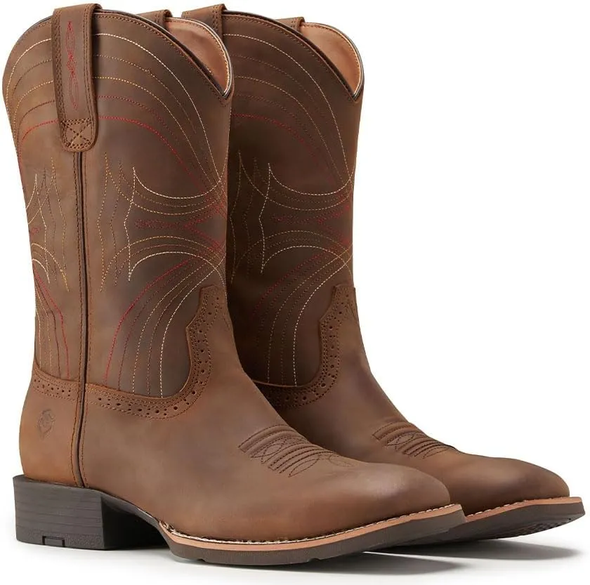 Cowboy Boots For Men - Mens Sport Wide Square Toe Western Boot,Oil/Slip Resistant,Durable Fashionable Classic Pull on 10 Inch Wellington Boots - Leather