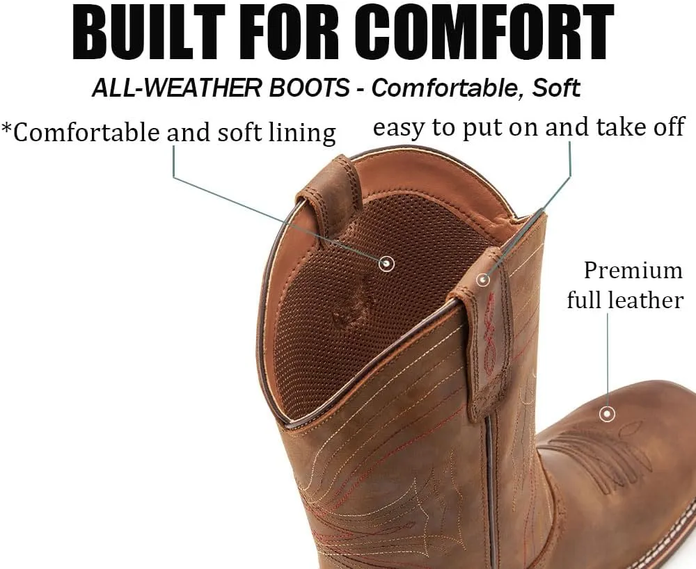 Cowboy Boots For Men - Mens Sport Wide Square Toe Western Boot,Oil/Slip Resistant,Durable Fashionable Classic Pull on 10 Inch Wellington Boots - Leather