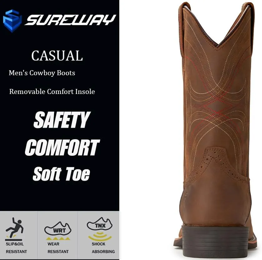 Cowboy Boots For Men - Mens Sport Wide Square Toe Western Boot,Oil/Slip Resistant,Durable Fashionable Classic Pull on 10 Inch Wellington Boots - Leather