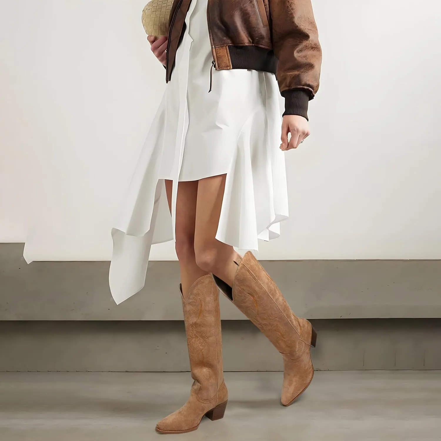Cowboy Boots for Women Knee High Boots Pointy Toe Suede Boots with Embroidered Chunky Heel Western Cowgirl Boots