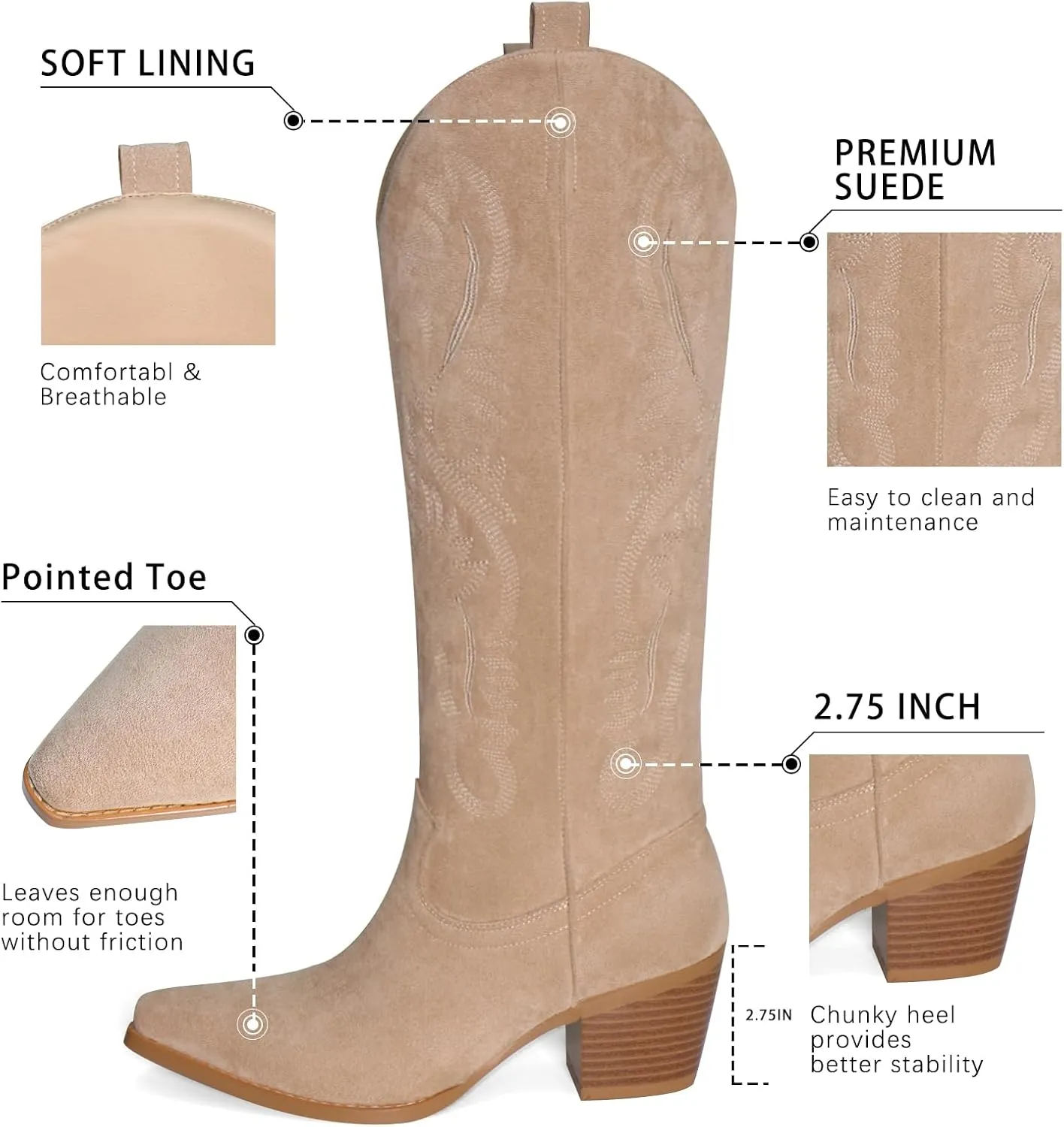 Cowboy Boots for Women Knee High Boots Pointy Toe Suede Boots with Embroidered Chunky Heel Western Cowgirl Boots