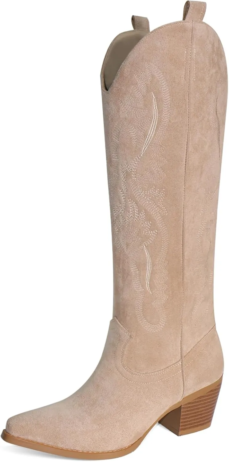 Cowboy Boots for Women Knee High Boots Pointy Toe Suede Boots with Embroidered Chunky Heel Western Cowgirl Boots