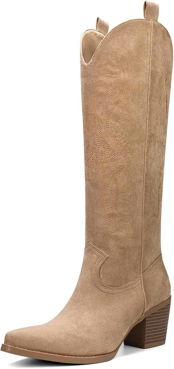 Cowboy Boots for Women Knee High Boots Pointy Toe Suede Boots with Embroidered Chunky Heel Western Cowgirl Boots