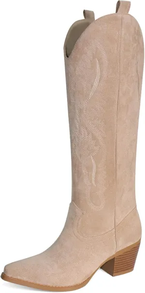 Cowboy Boots for Women Knee High Boots Pointy Toe Suede Boots with Embroidered Chunky Heel Western Cowgirl Boots