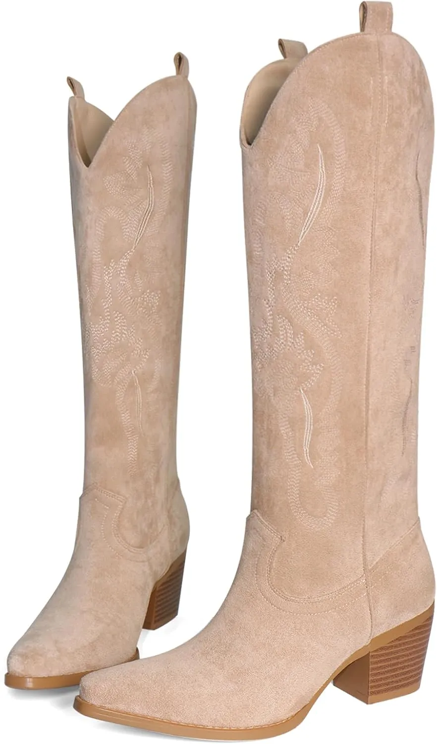 Cowboy Boots for Women Knee High Boots Pointy Toe Suede Boots with Embroidered Chunky Heel Western Cowgirl Boots