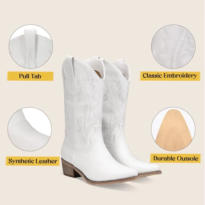 Cowboy Boots for Women Mid Calf Black Cowgirl Boots Square Toe Western Boots Womens Cowboy Boots Chunky Heel botas vaqueras para mujer