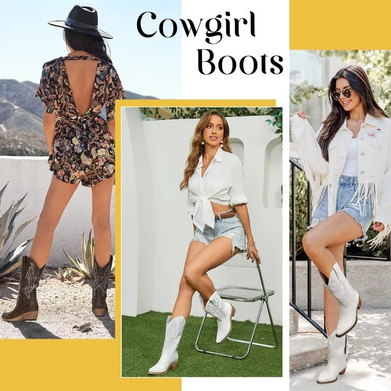 Cowboy Boots for Women Mid Calf Black Cowgirl Boots Square Toe Western Boots Womens Cowboy Boots Chunky Heel botas vaqueras para mujer