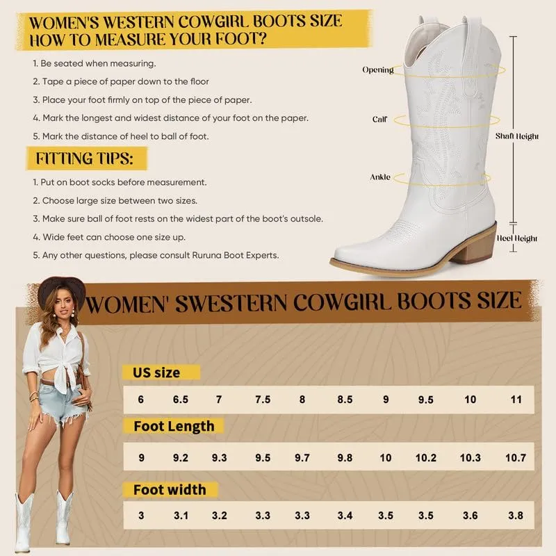 Cowboy Boots for Women Mid Calf Black Cowgirl Boots Square Toe Western Boots Womens Cowboy Boots Chunky Heel botas vaqueras para mujer
