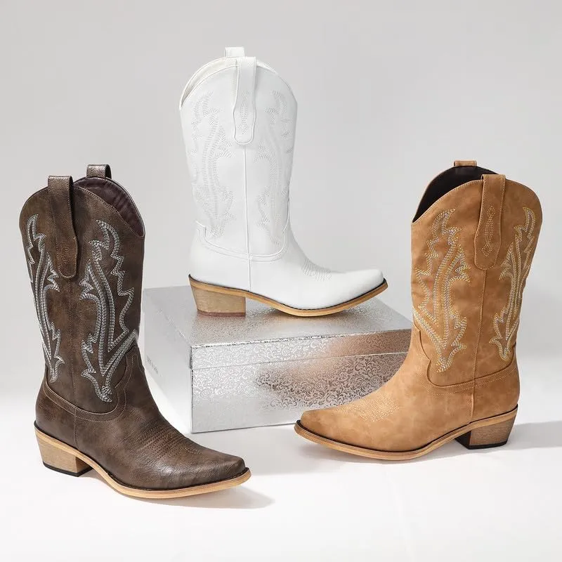 Cowboy Boots for Women Mid Calf Black Cowgirl Boots Square Toe Western Boots Womens Cowboy Boots Chunky Heel botas vaqueras para mujer