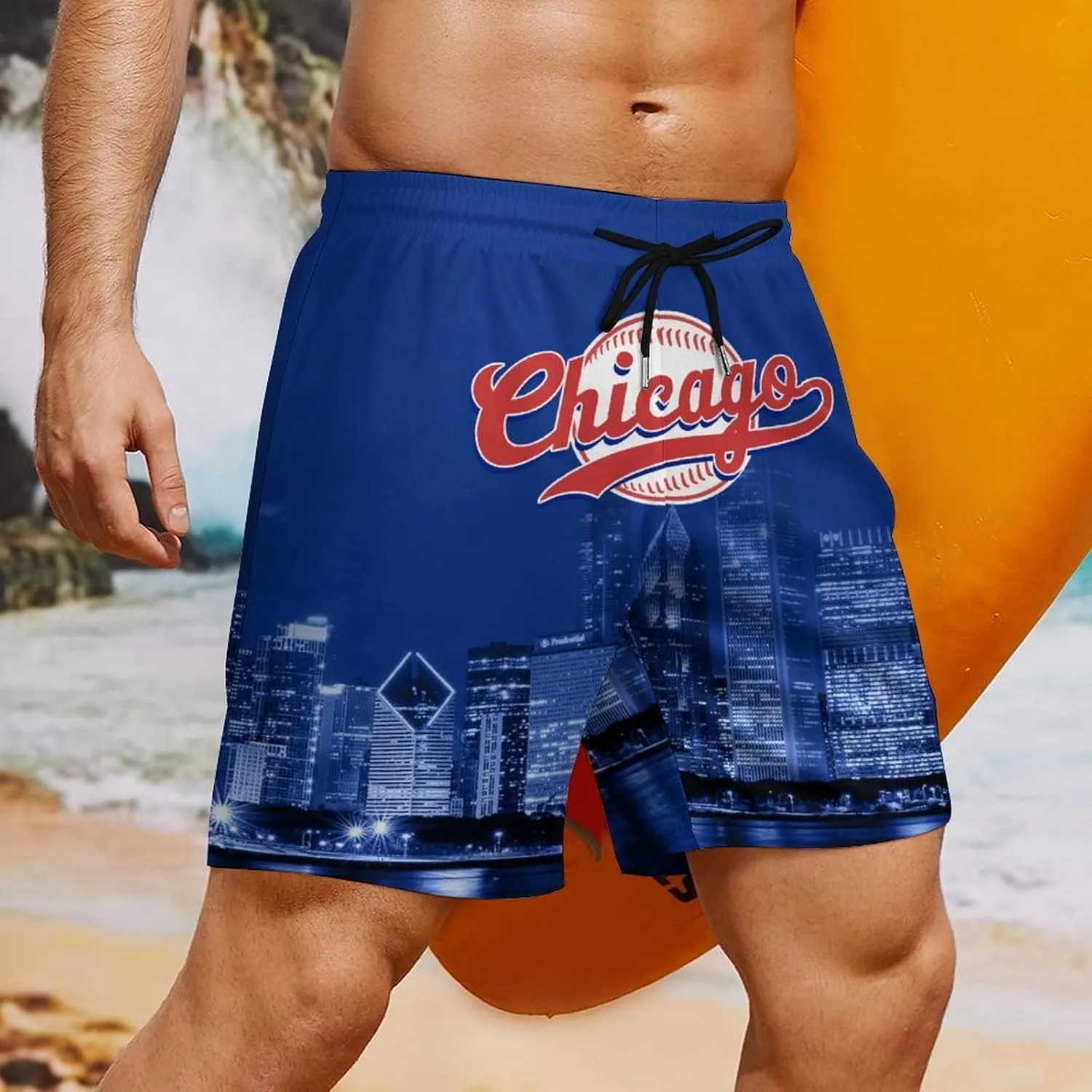 Custom Baseball Shorts for Men Youth City Nightscape 2 in 1 Beach Shorts with Pockets Baseball Sport Pants Fans Gift