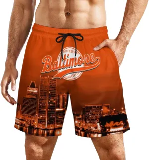 Custom Baseball Shorts for Men Youth City Nightscape 2 in 1 Beach Shorts with Pockets Baseball Sport Pants Fans Gift